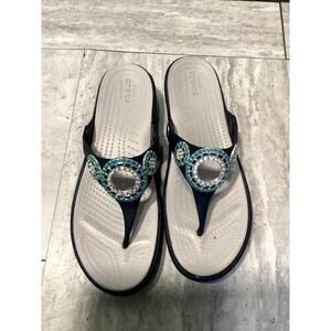 Crocs Sanrah Diamante Wedge Flip Sandals Size 10 Navy Embellished